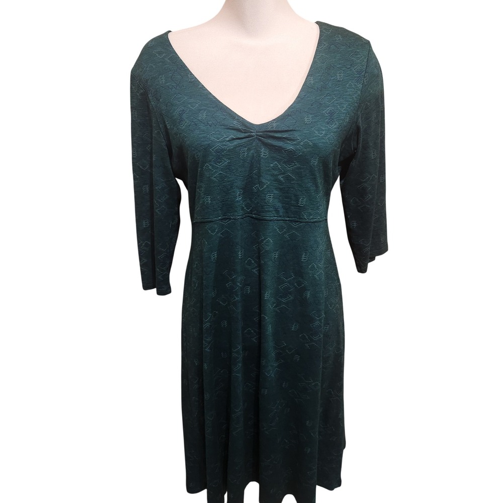 Toad&Co Teal Green Geometric Print V-Neck 3/4 Sleeve Dress Organic Cotton Large